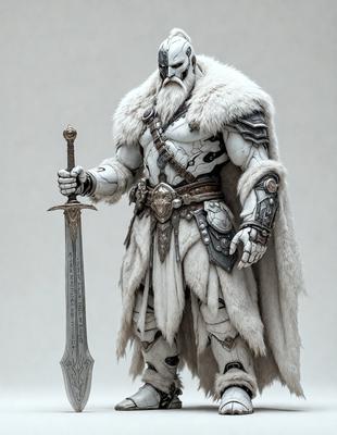 The primary subject of the image is a white, armor-clad warrior holding a sword. The setting is a white background, which provides a clean and minimalist appearance. The visual style is a combination of digital art and illustration, creating a detailed and realistic representation of the warrior. The colors and mood of the image are predominantly white, giving it a clean and serene atmosphere.